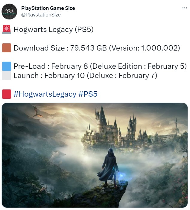 《霍格沃茨：遗产》ps5版预载时间关闭  容量大小为79.543gb